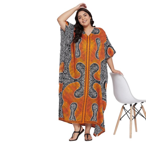 Gypsie Blu Full Length Brown Tribal Kaftan Polyester Maxi Dress Beach Cover Up - Picture 6 of 9